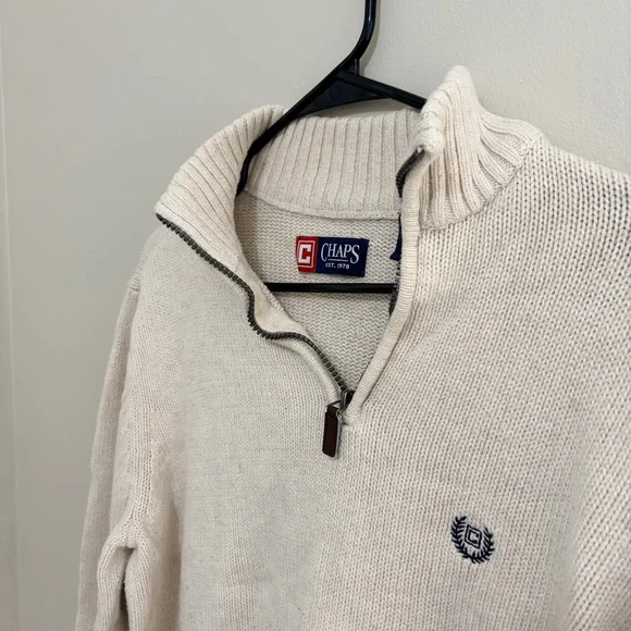 Y2K Vintage Chaps Ralph Lauren Men's Zip Up Sweater in Cream - Picture 4 of 7